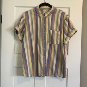 Striped, button front, short sleeve top, size Small